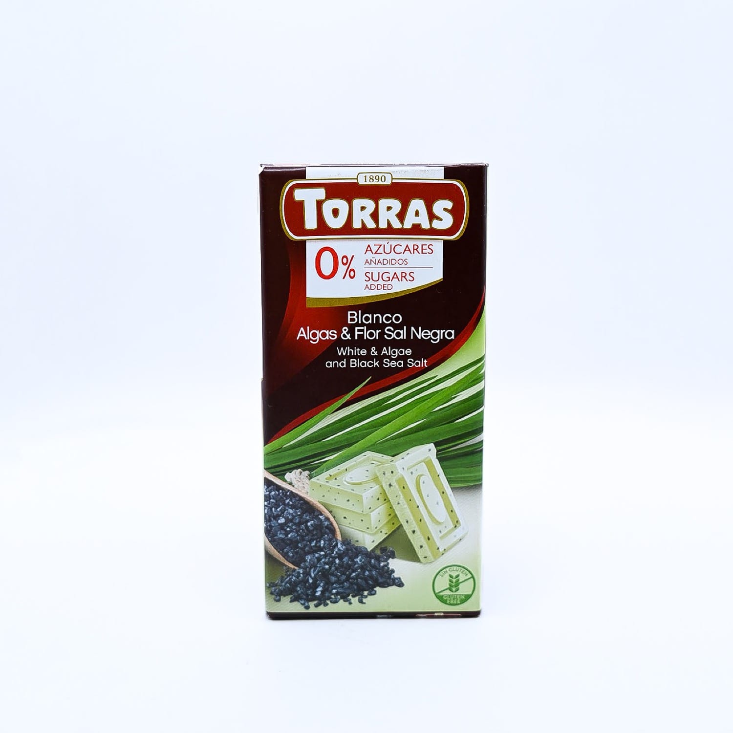Шоколад Torras White & Algae з чорною морською сіллю без цукру (білий)