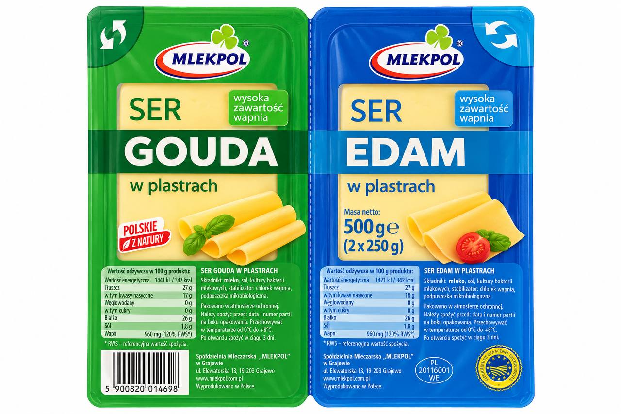 Сир нарізка Гауда+Едам Mlekpol (2*250) Gouda&Edam 500г